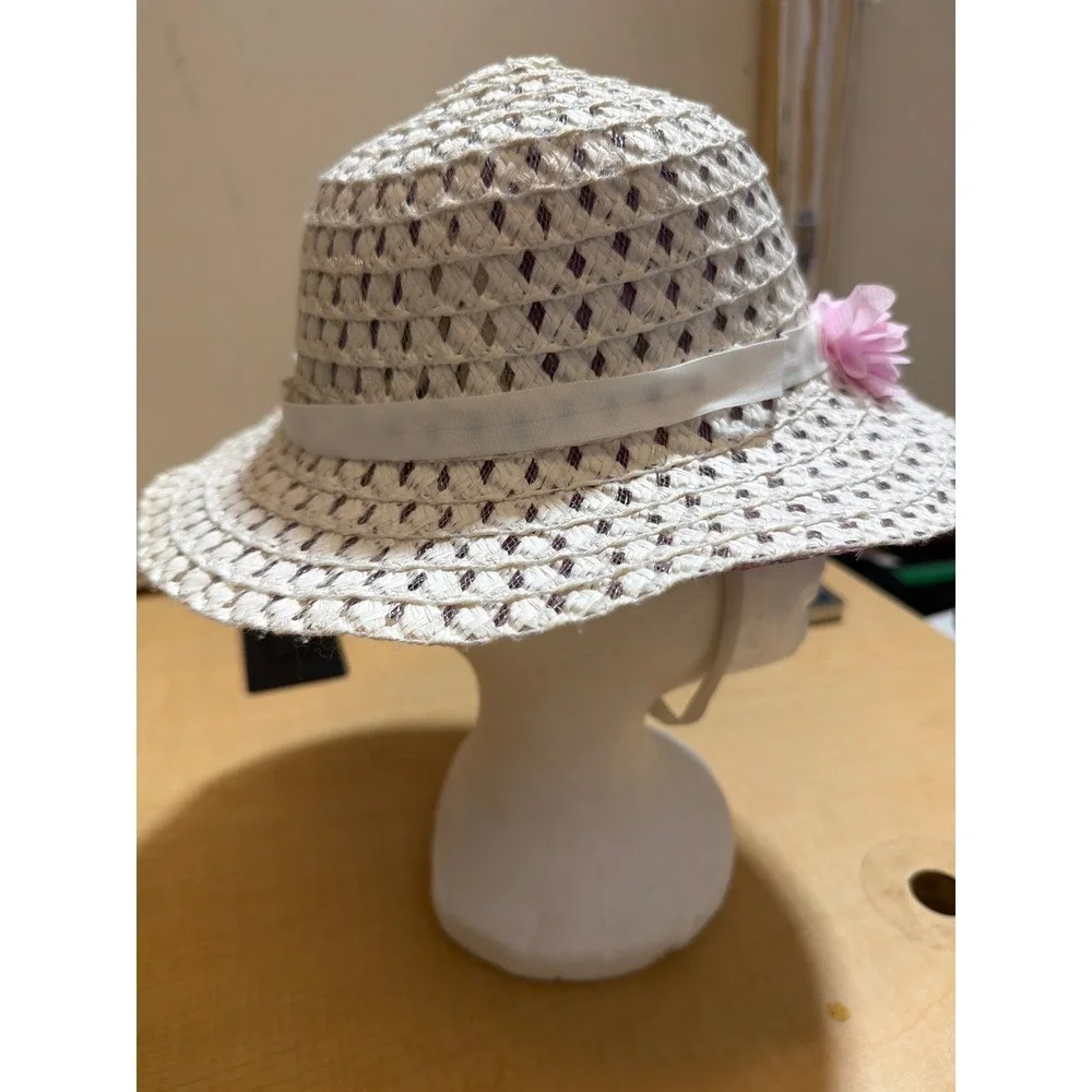 Girls White Purple Woven Straw Sun Hat Pink Flower Ribbon Accent Chin Strap